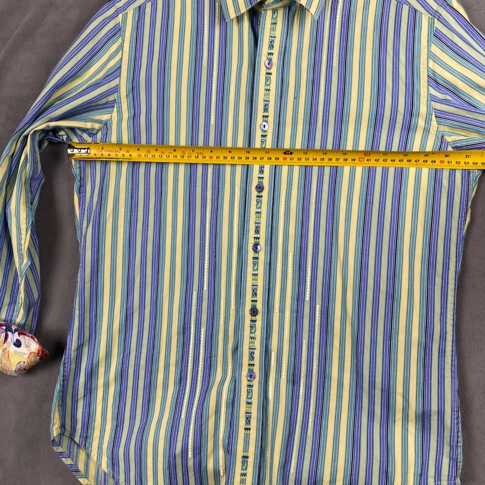Robert Graham Mens Striped Button Down Shirt Blue Yellow Guitar Cuffs Size Small - Picture 8 of 10